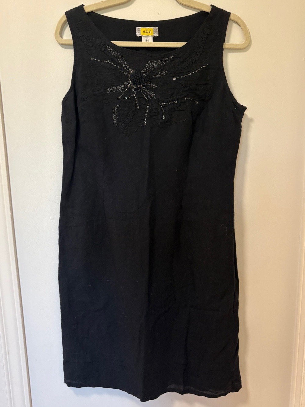 H.O.G. linen blend dress black little black dress LBD Size 12 Embroidered Flower